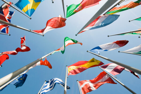 EU Flags from below blowing in the wind