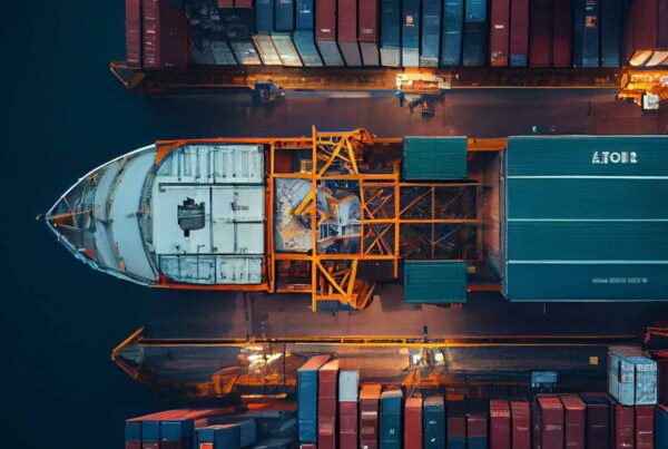 Container ship in port aerial