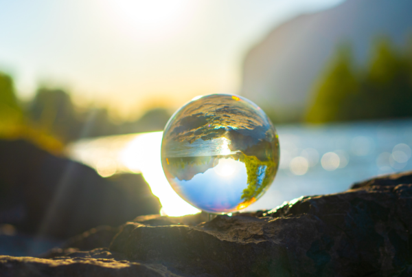 Glass ball reflecting a lake and trees