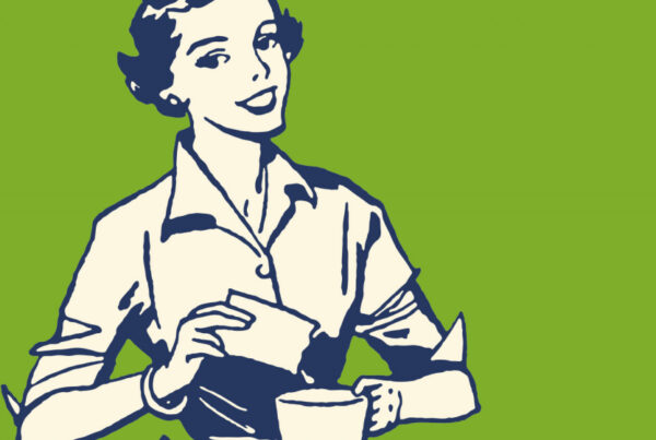 Graphic of smiling lady with green background