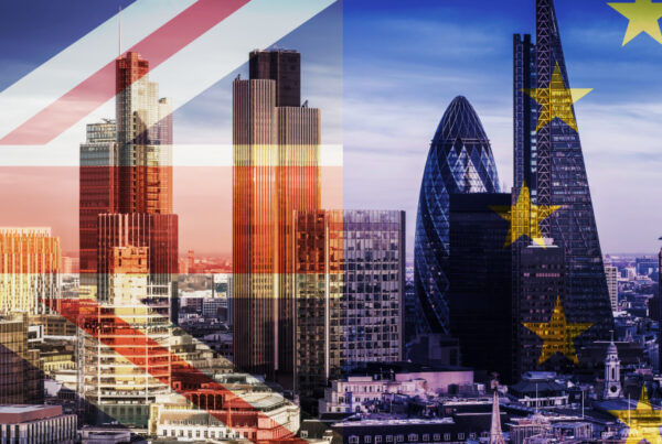Graphic of EU and UK flag with London backdrop
