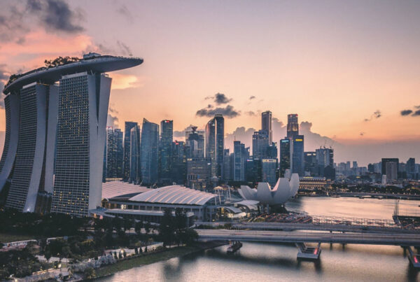 Singapore at sunset with iconic buildings