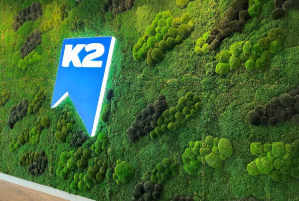 K2 lit logo in a moss wall